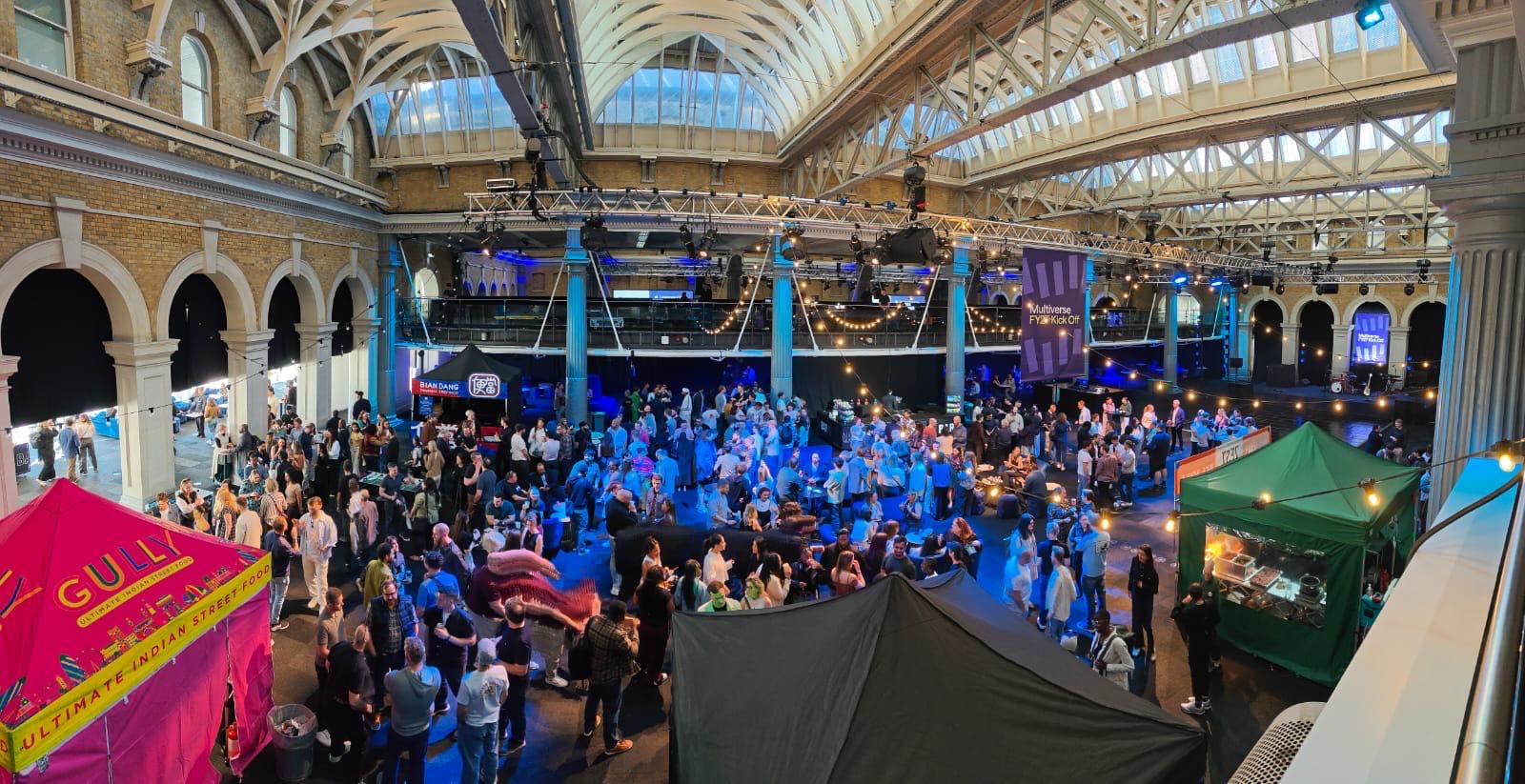 Street food catering setup featuring bao buns and jerk chicken stations for an event at Old Billingsgate